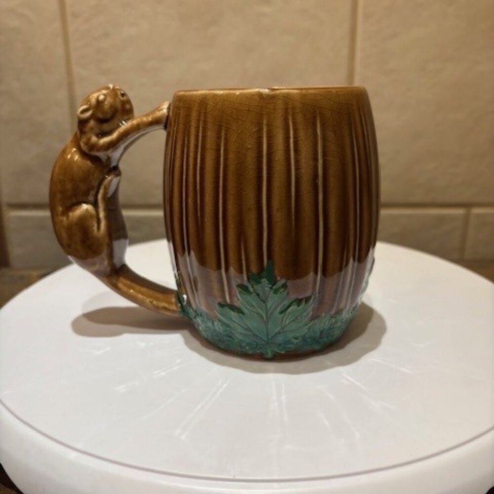 Vintage Ceramic Beaver Handle Mug Hand Painted Leaves 1950's Shafford Japan